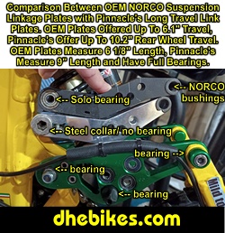 Comparison of the original Norco rear shock plates with Pinnacle's new custom made long travel rear shock plates with full bearings